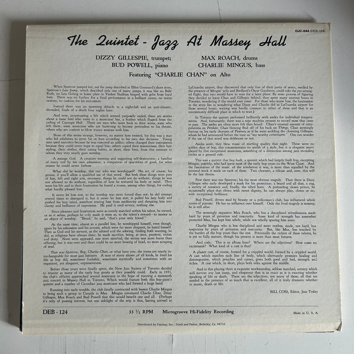 QUINTET = JAZZ AT MASSEY HALL [OJC] (USA 1983 REISSUE) (USED)