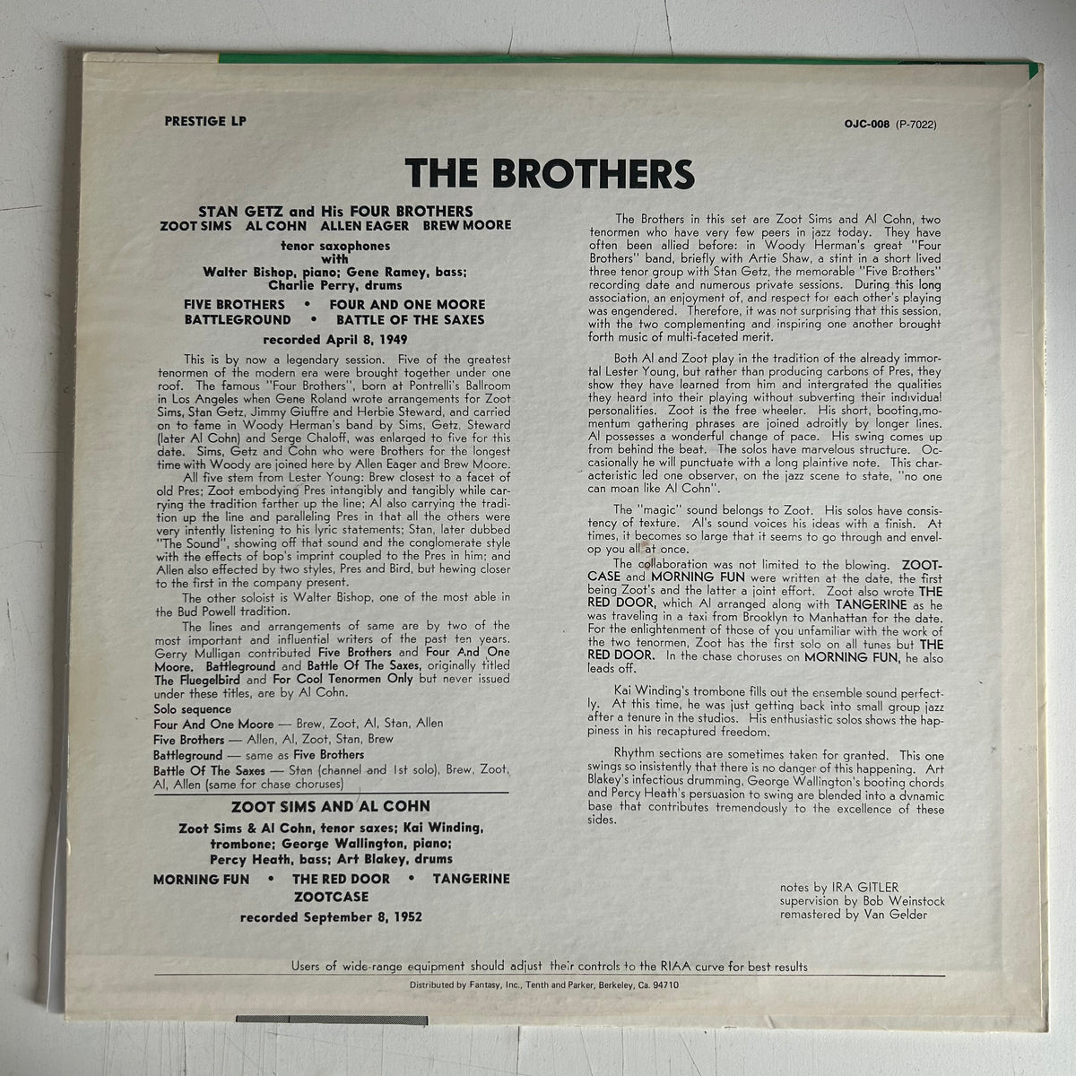 GETZ, STAN / SIMS, ZOOT = BROTHERS [OJC] (USA 1982 REISSUE) (USED)