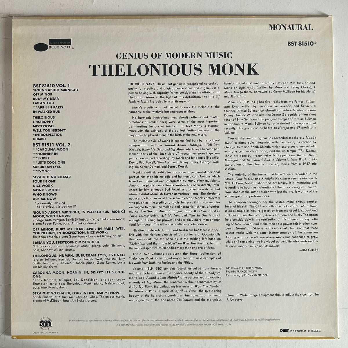 MONK, THELONIOUS = GENIUS OF MODERN MUSIC, VOL. 1 [CADRE ROUGE] (USA 1985 REISSUE) (USED)